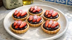 Ατομικές τάρτες με γκανάζ σοκολάτας και φράουλες – στήνονται από πριν