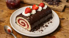 Αφράτος κορμός φράουλα-σοκολάτα: παντεσπάνι που τυλίγεται εύκολα και γκανάς που γυαλίζει